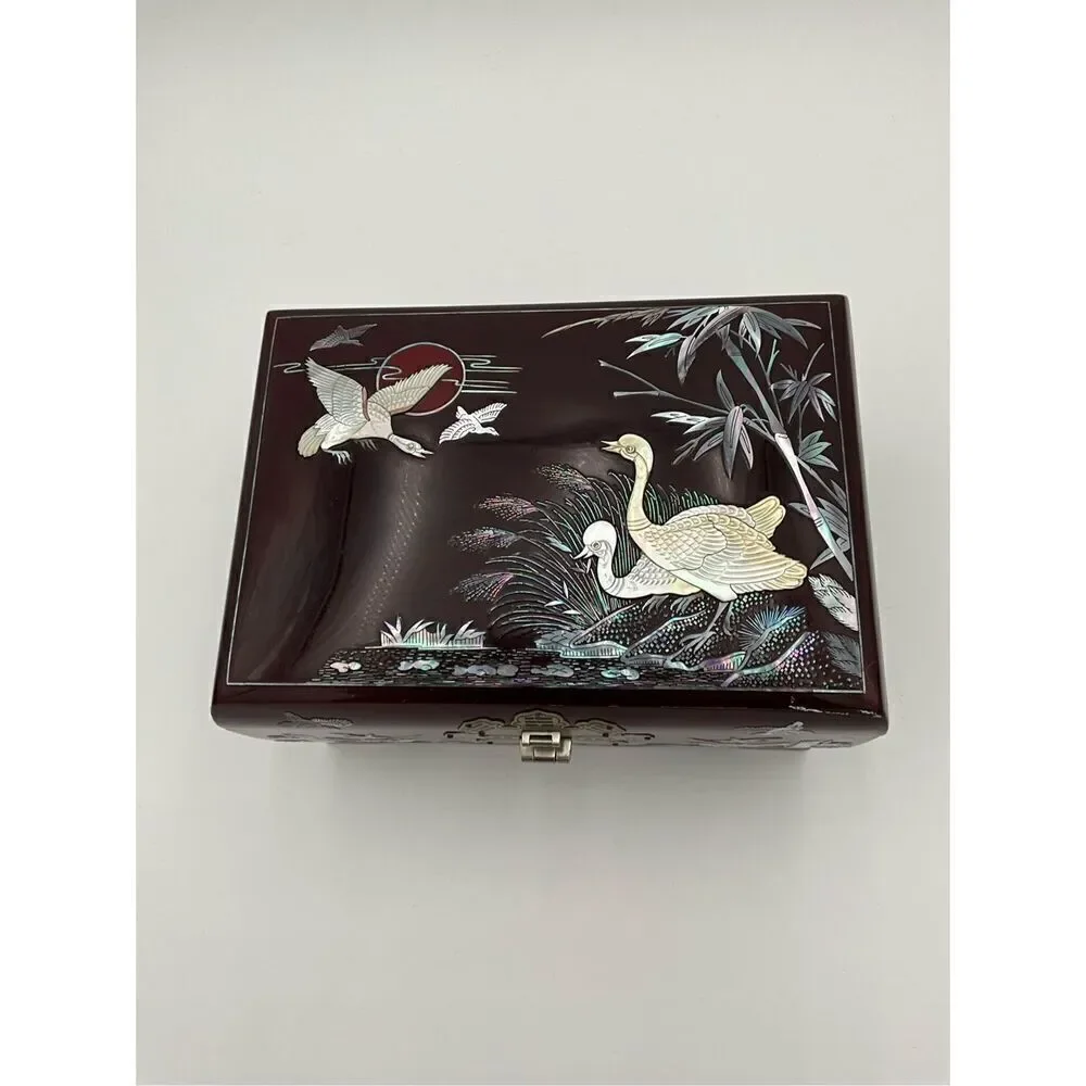 VINTAGE Mother Of Pearl Inlay Wooden Jewelry Box